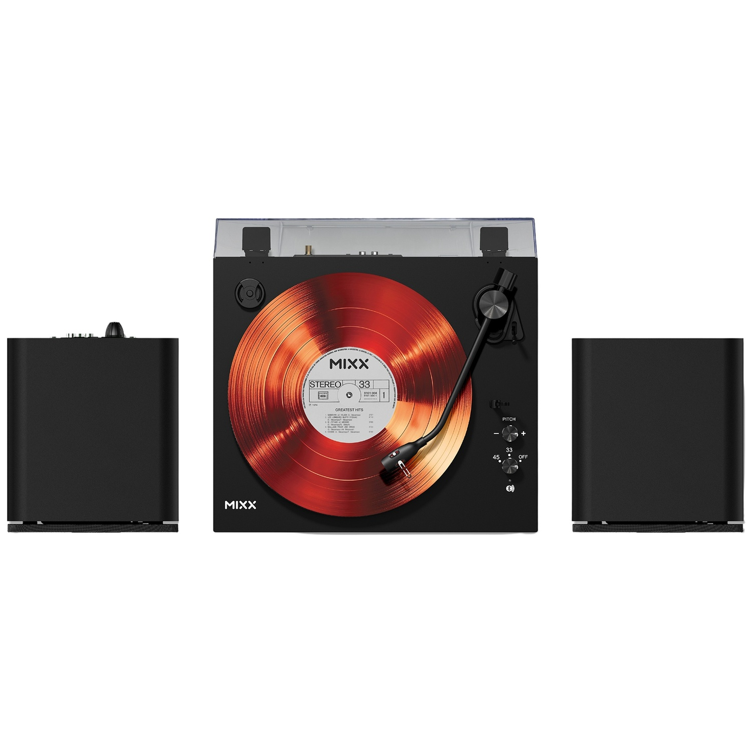 Zwarte platenspeler met rode vinylplaat tussen twee zwarte luidsprekers.