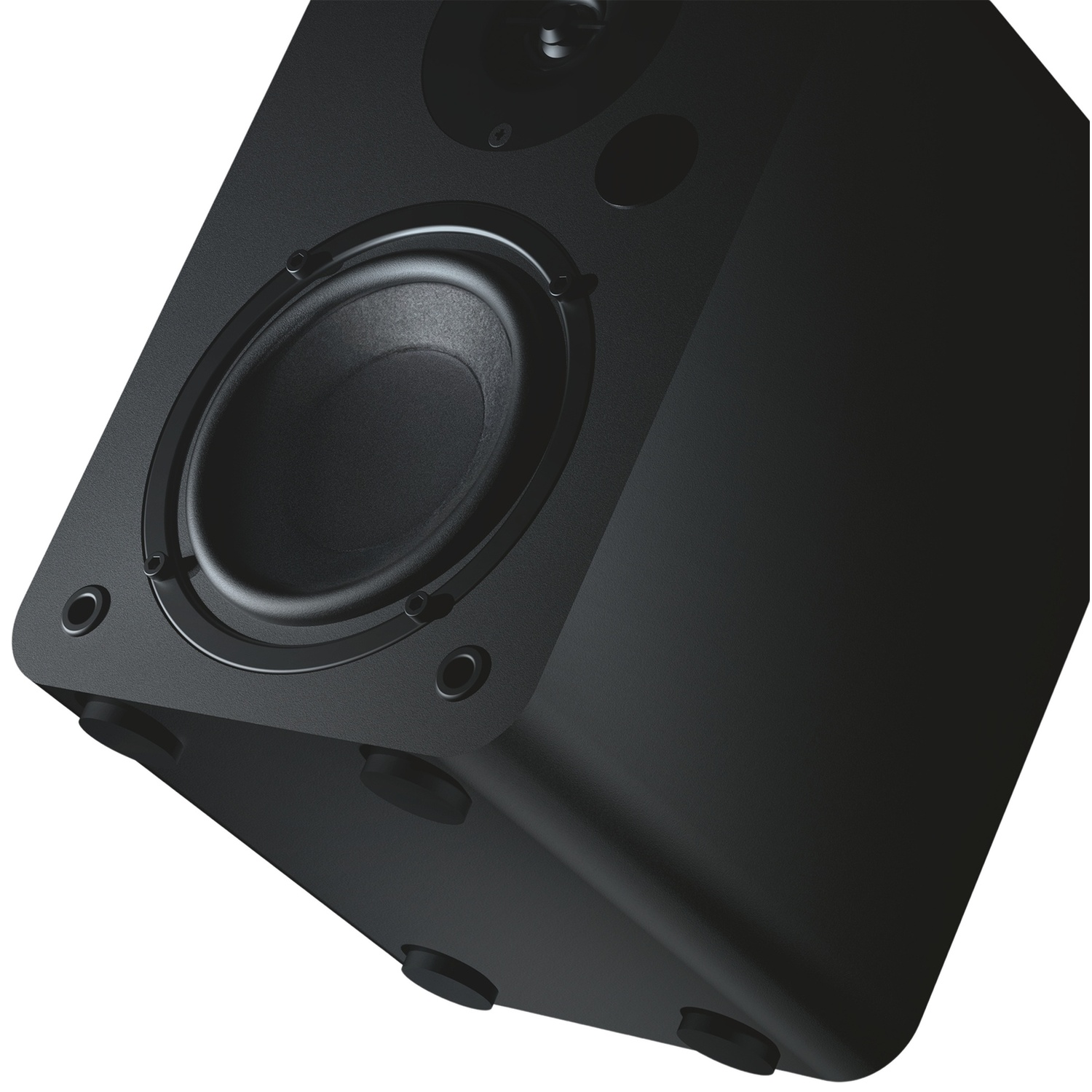 Zwarte luidspreker met zichtbare woofer en rubberen voetjes.