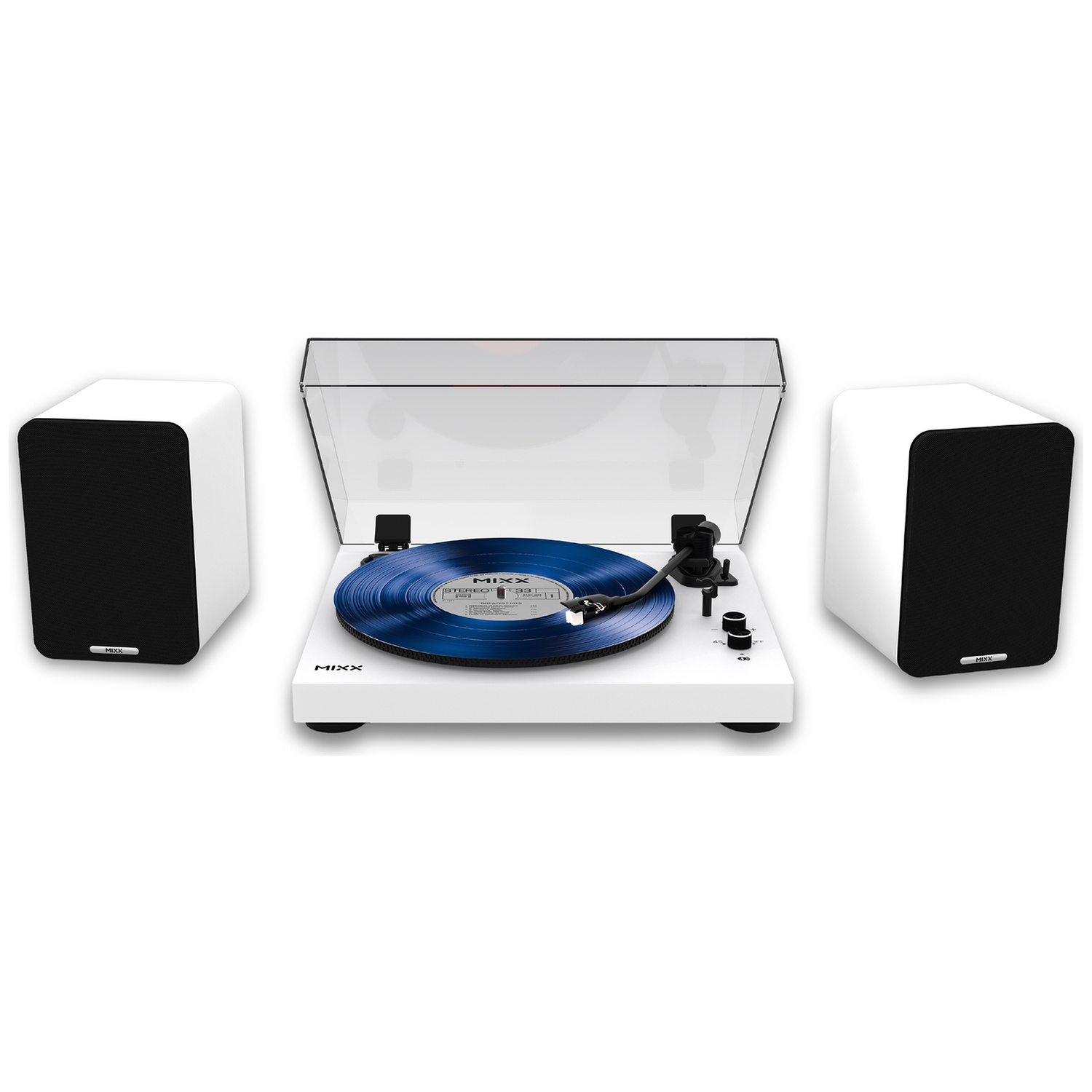 Een witte platenspeler met blauwe plaat tussen twee witte luidsprekers.