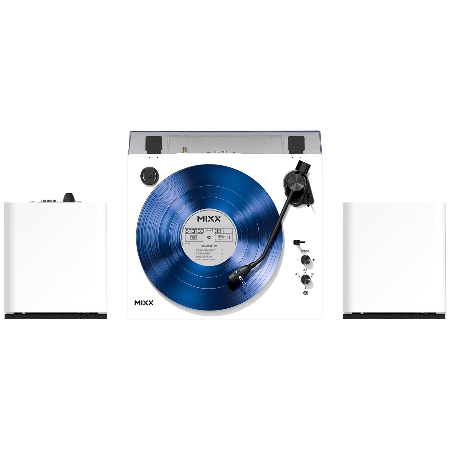 Een witte platenspeler met blauwe vinylplaat staat tussen twee witte luidsprekers.