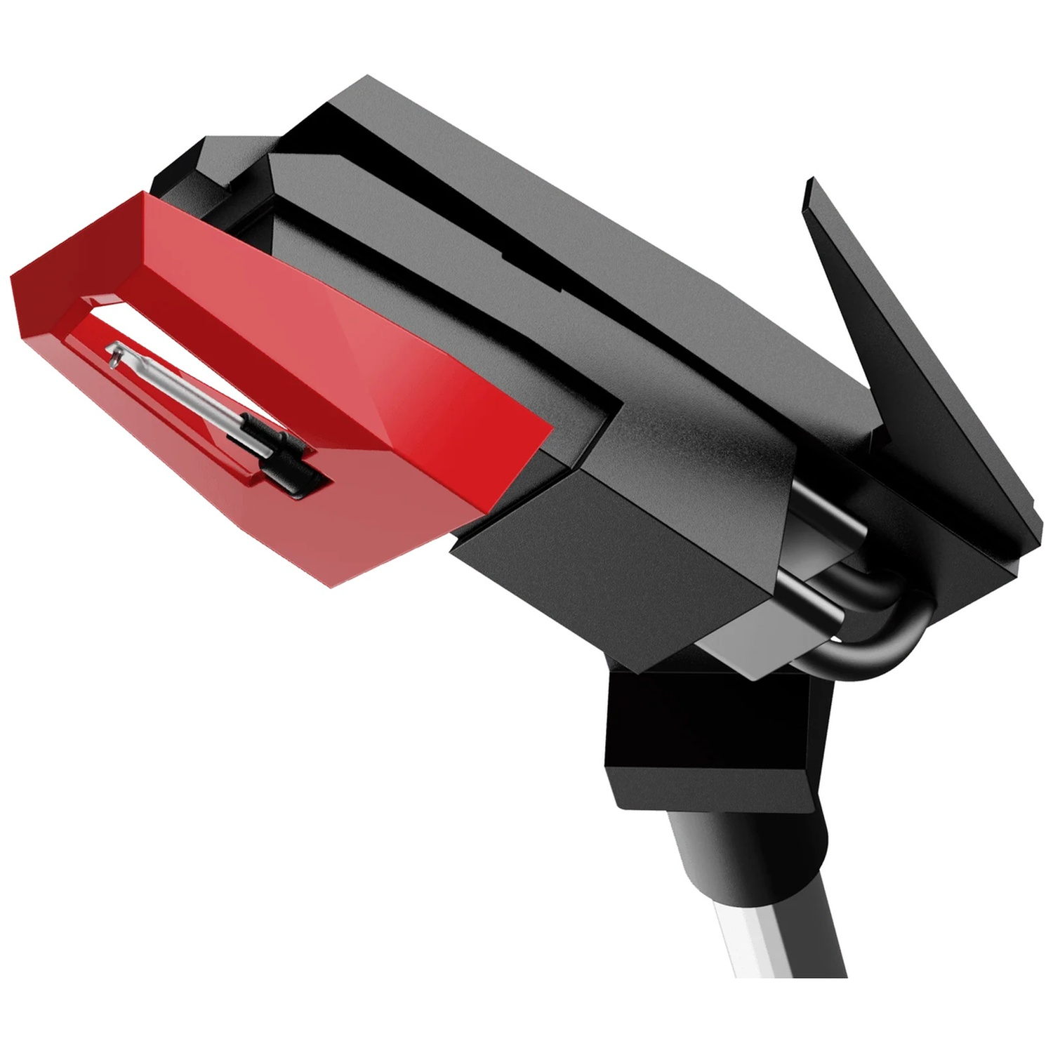 Black record player cartridge with red element and needle, on a white background.