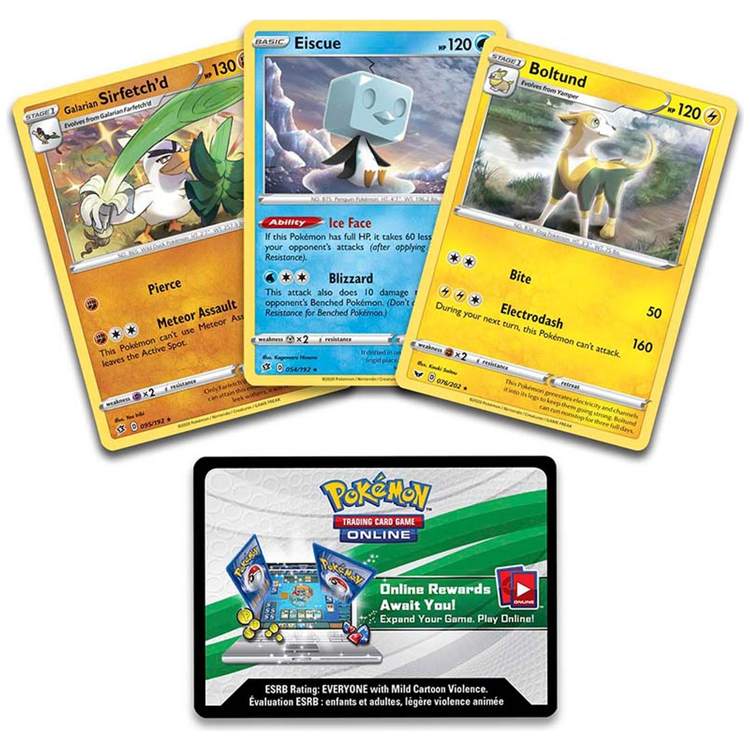 Three Pokémon cards and an online game advertisement.