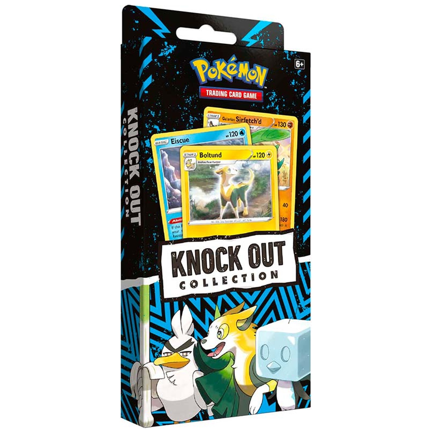 Pokemon Knock Out Collection box featuring cards like Eiscue, Boltund, and Galarian Sirfetch'd.