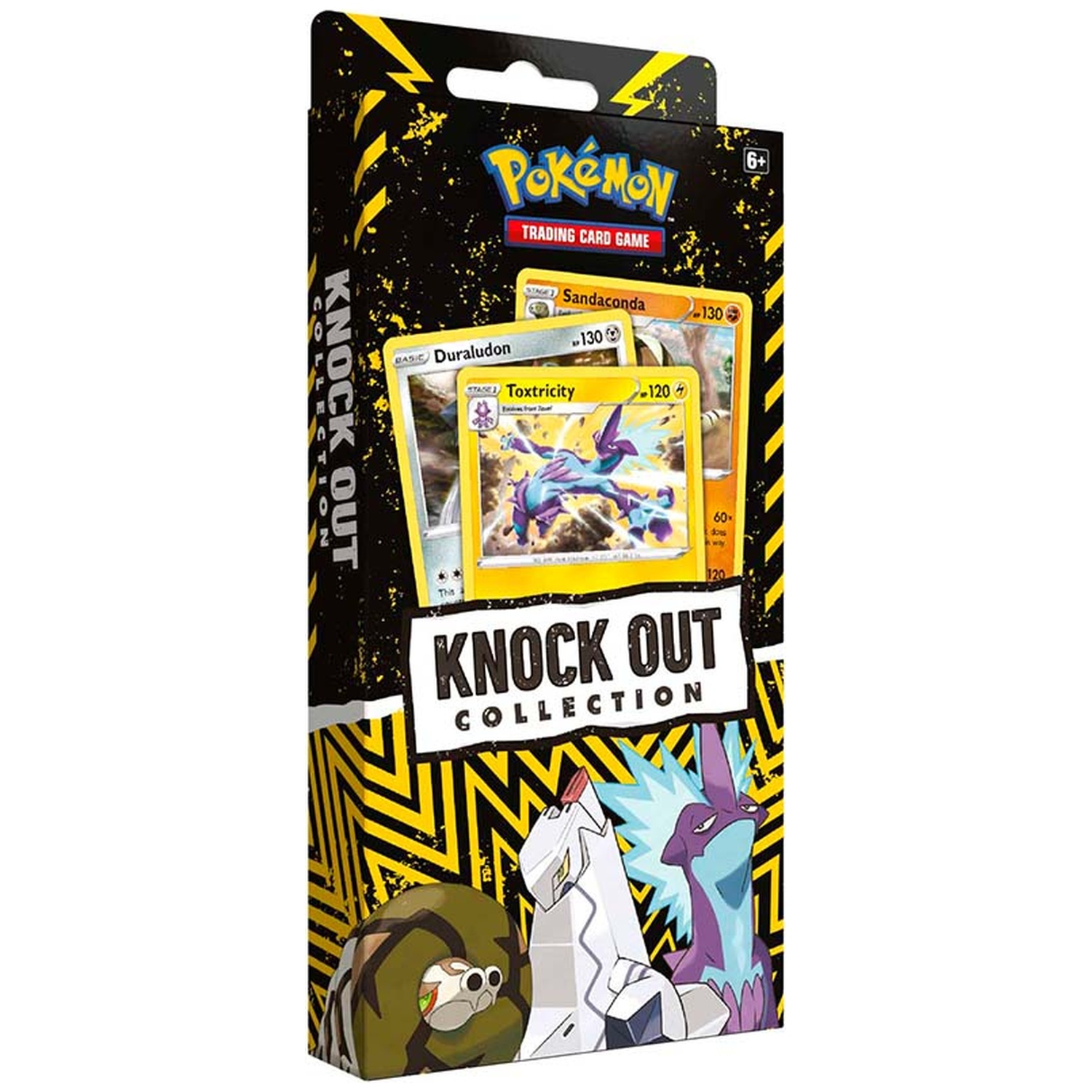 Pokemon Knock Out Collection Box featuring Duraludon, Toxtricity & Sandaconda cards.