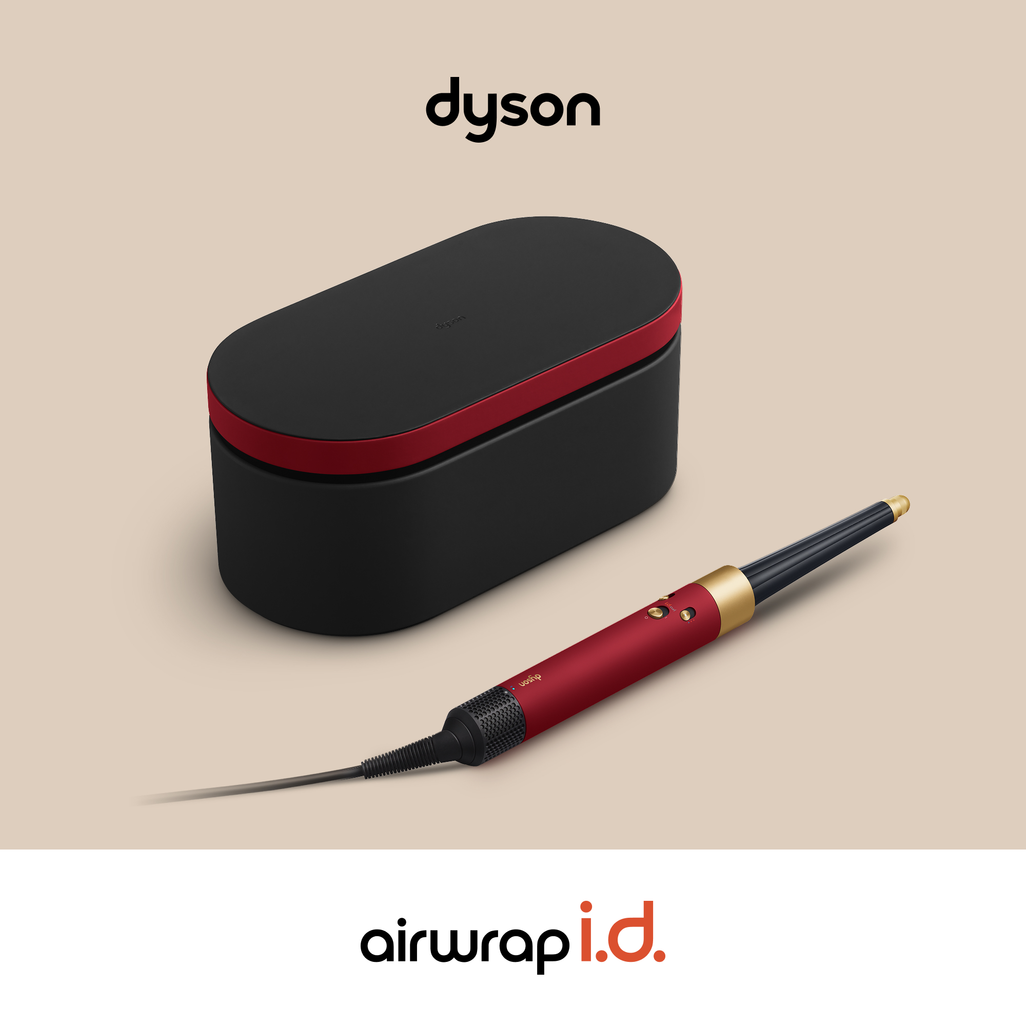 Dyson Airwrap y estuche de almacenamiento en rojo y negro sobre fondo claro.