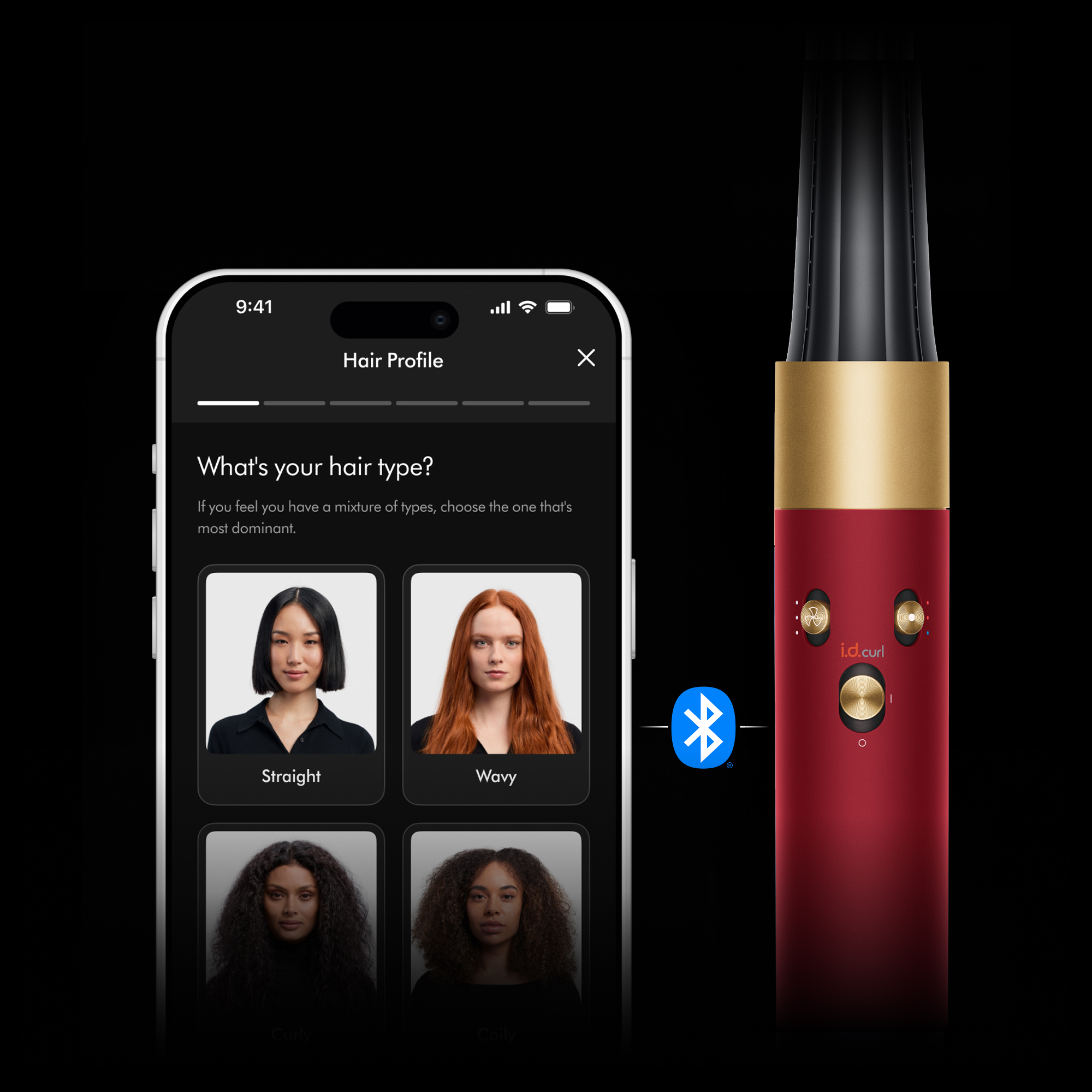 Un smartphone muestra una app de perfil capilar con opciones para pelo liso, ondulado y rizado.