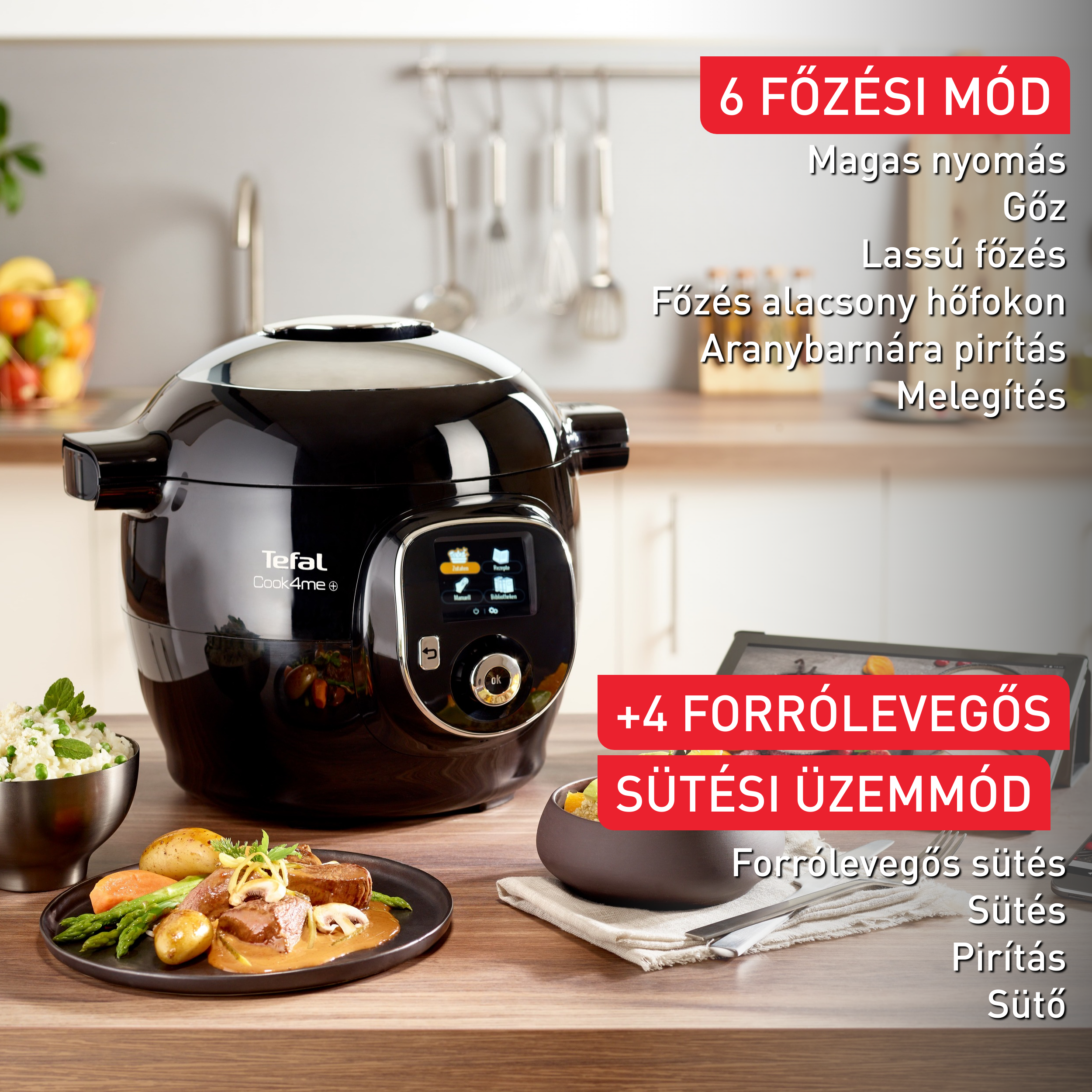 Fekete Tefal multifunkciós főző edény, étellel. Főzési módok magyarul.
