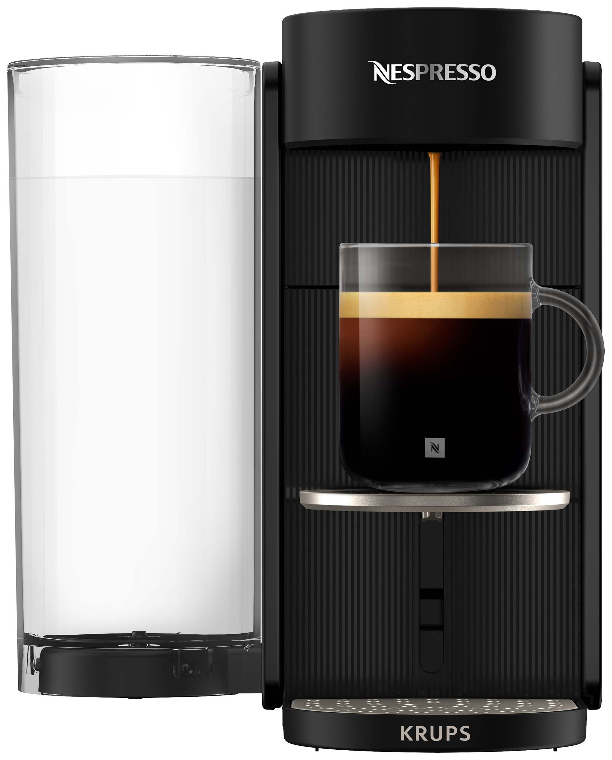 Egy fekete Nespresso kávéfőző kávét főz egy üveg bögrébe.