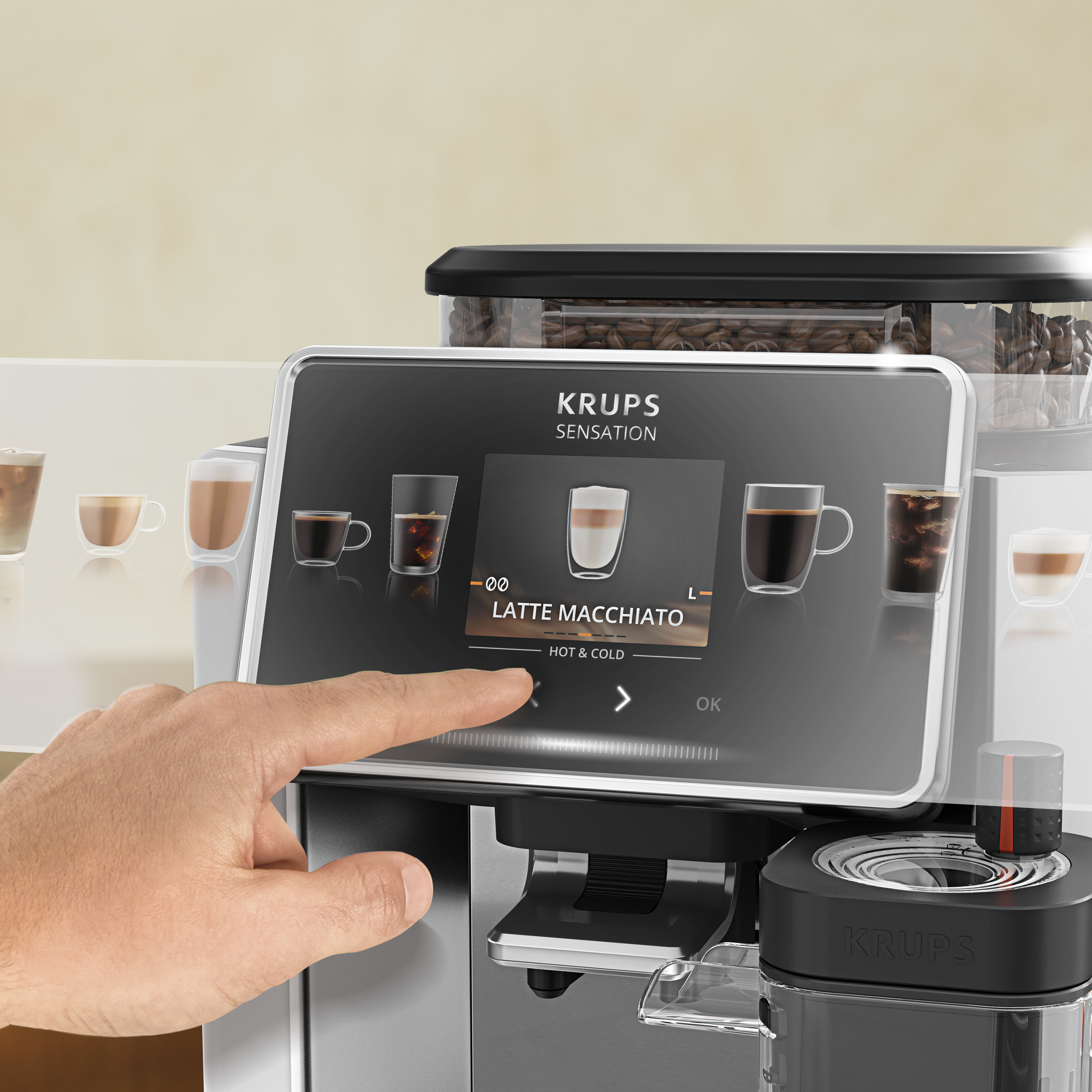Egy ujj egy kávégép képernyőjét érinti, amelyen a Latte Macchiato kiválasztása látható.
