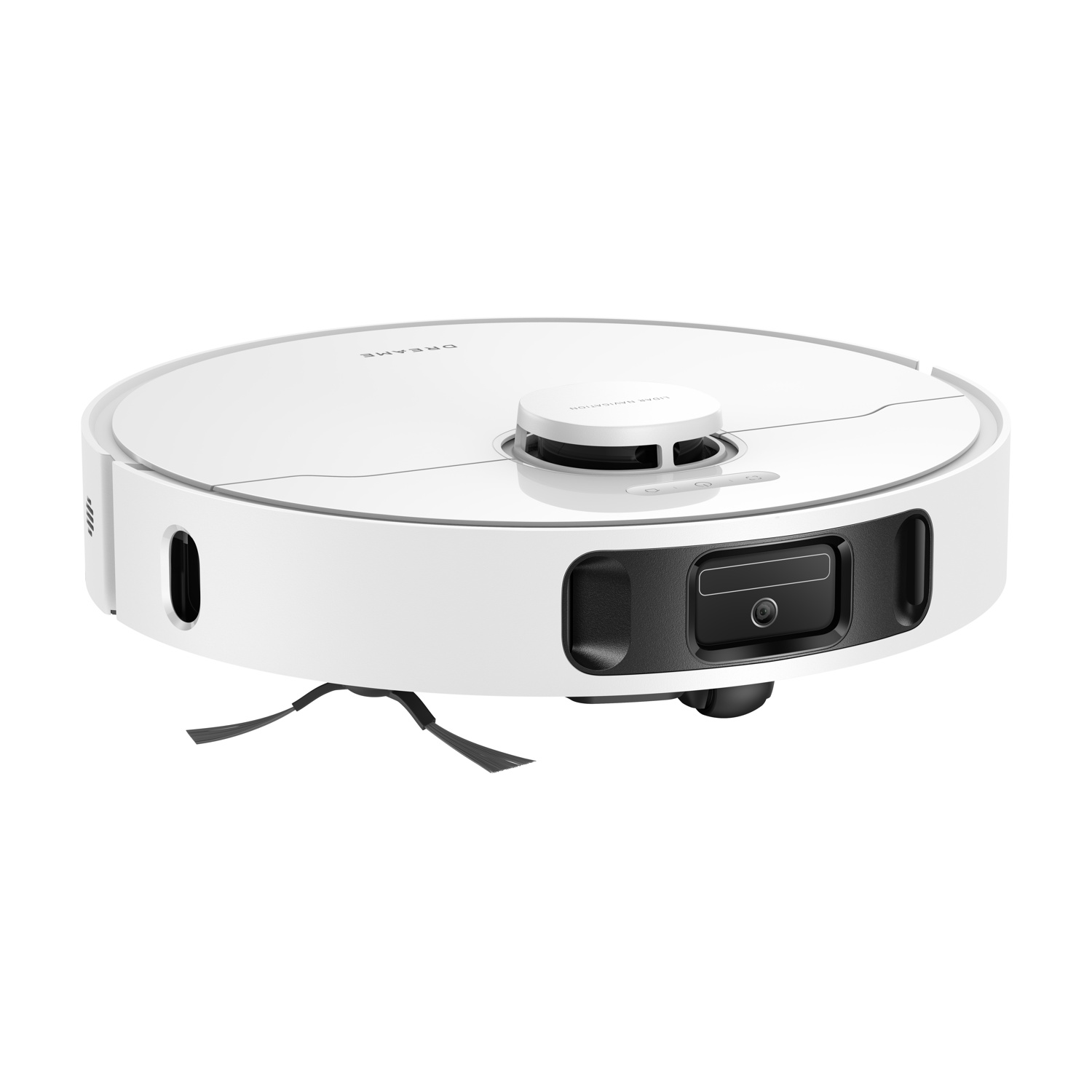 Un robot aspirapolvere bianco con due spazzole e navigazione Lidar su sfondo bianco.