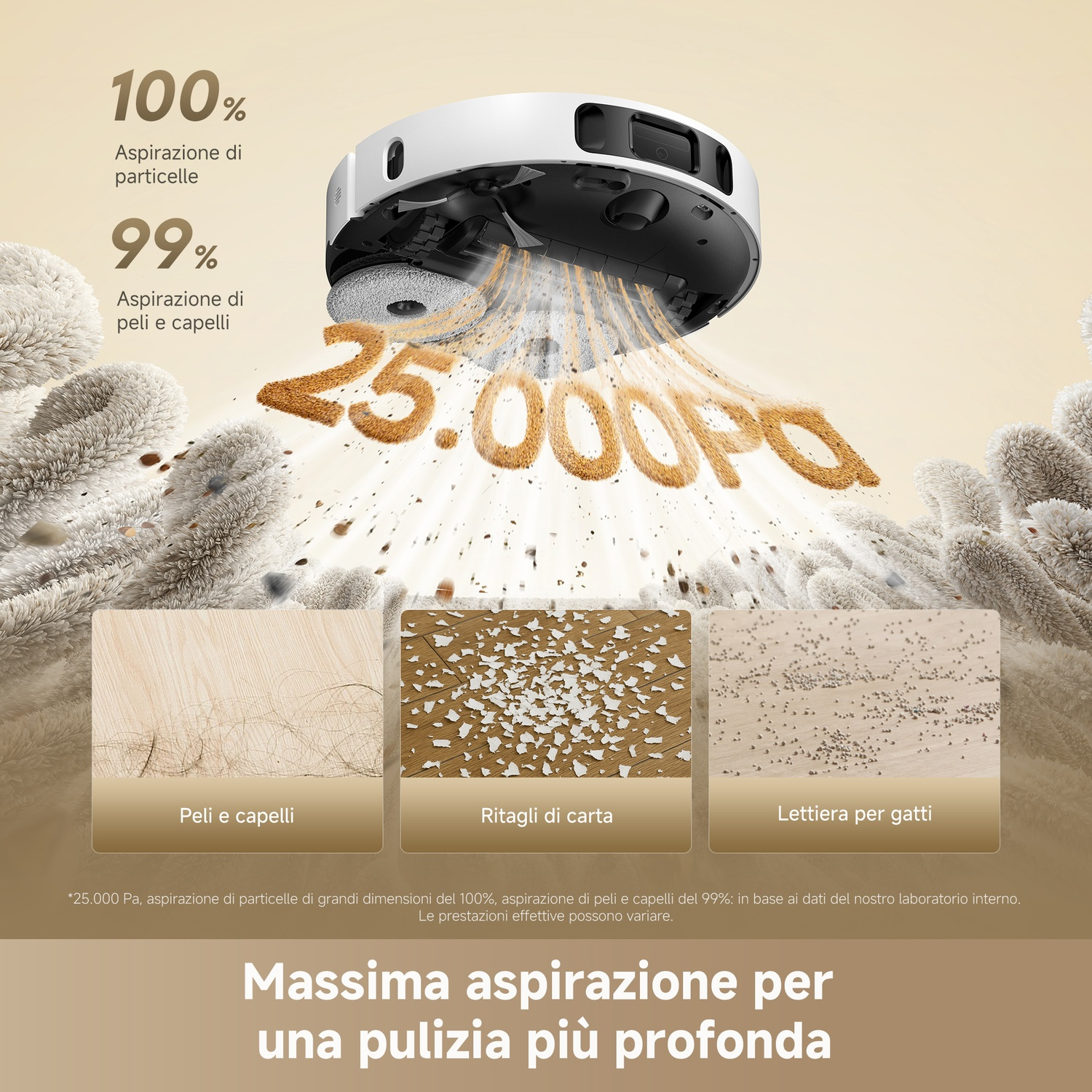 Robot aspirapolvere bianco pulisce peli, carta, lettiera con 25.000 Pa.