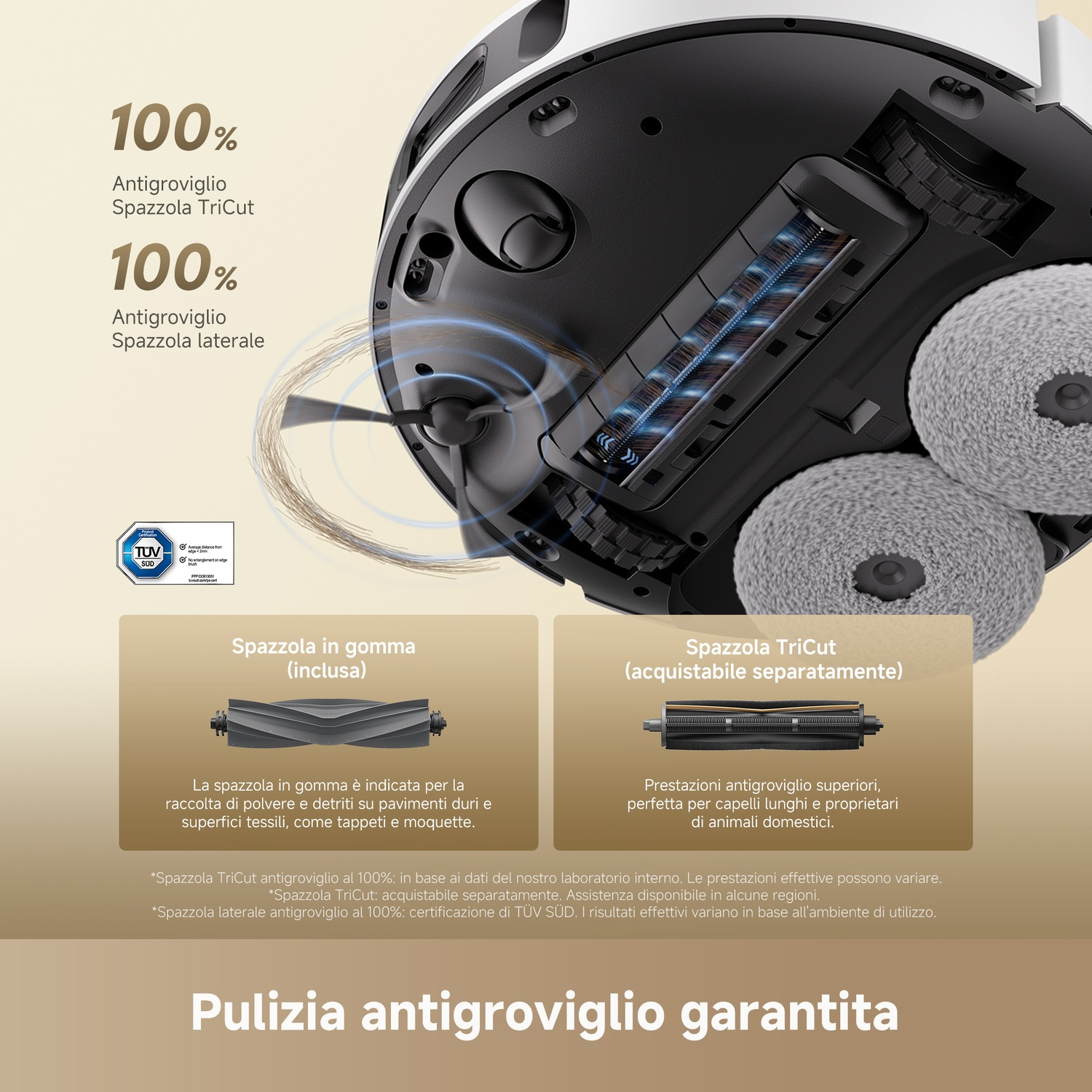 Un robot aspirapolvere con spazzola TriCut e rulli in gomma, specializzato per peli e detriti.