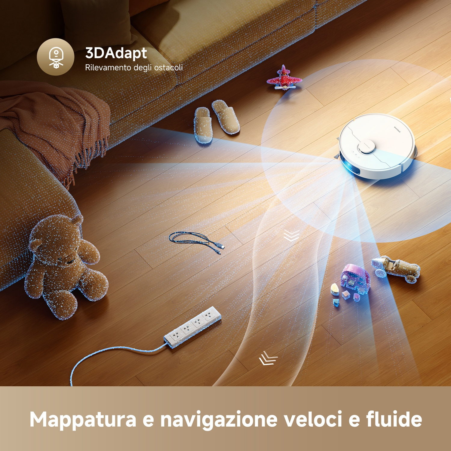 Un robot aspirapolvere bianco naviga tra giocattoli e pantofole su un pavimento in legno.