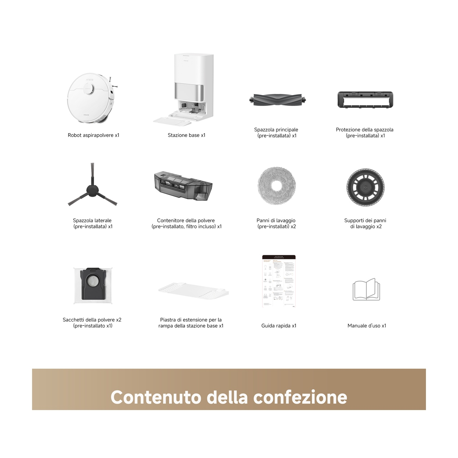 Contenuto della confezione: Robot aspirapolvere, stazione base, spazzole e accessori.