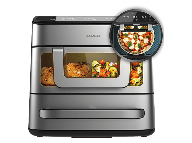 Freidora de aire - Cecotec Cecofry FoodCourt 18000 4Pizza, 2 en 1, Capacidad 18 L, Piedra para pizza, 2700 W, Horno 230 ºC, 200 Gris