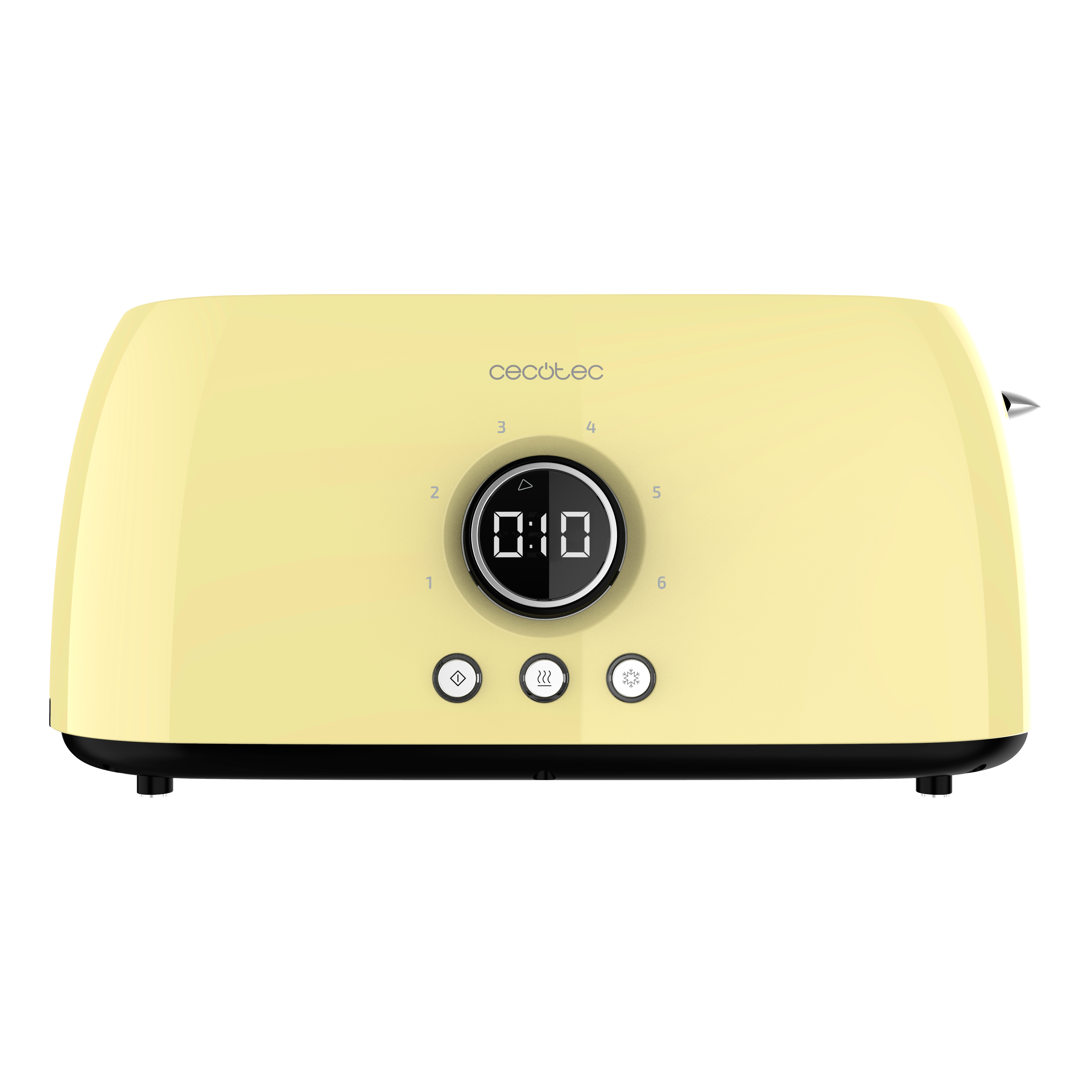 Una tostadora amarilla con pantalla digital y botones de control.
