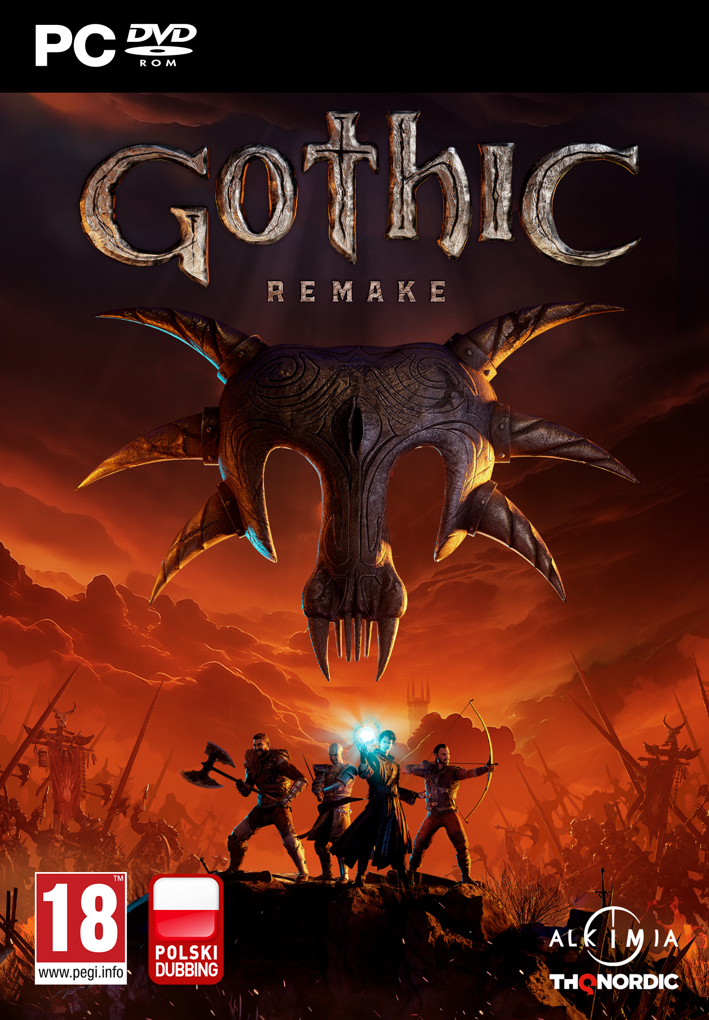 Fantastyczni wojownicy przed czaszką w czerwonym niebie. PC DVD ROM.