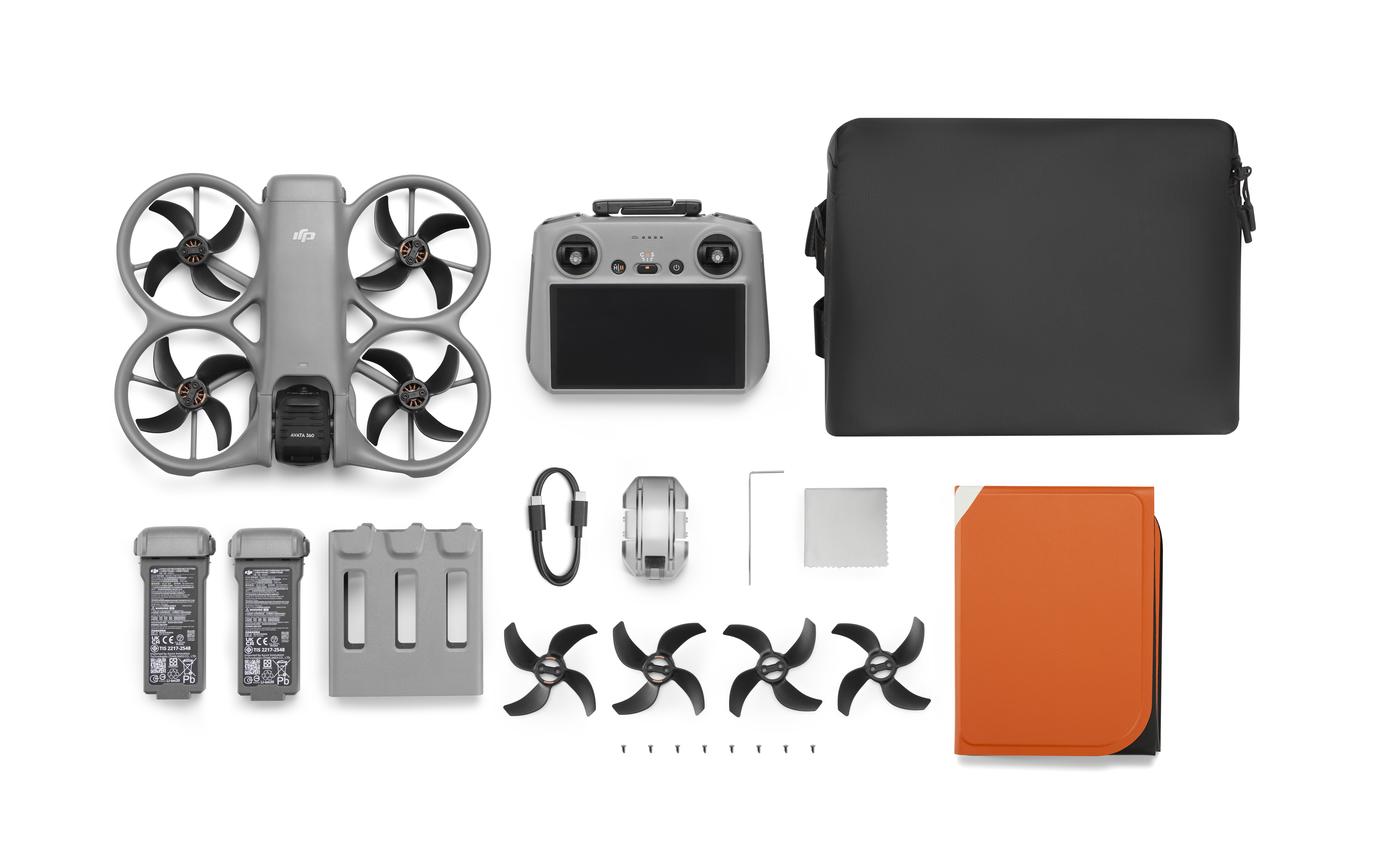 Grauer DJI Avata Drohnen-Kit mit Controller, Akkus, Propellern und Zubehör.