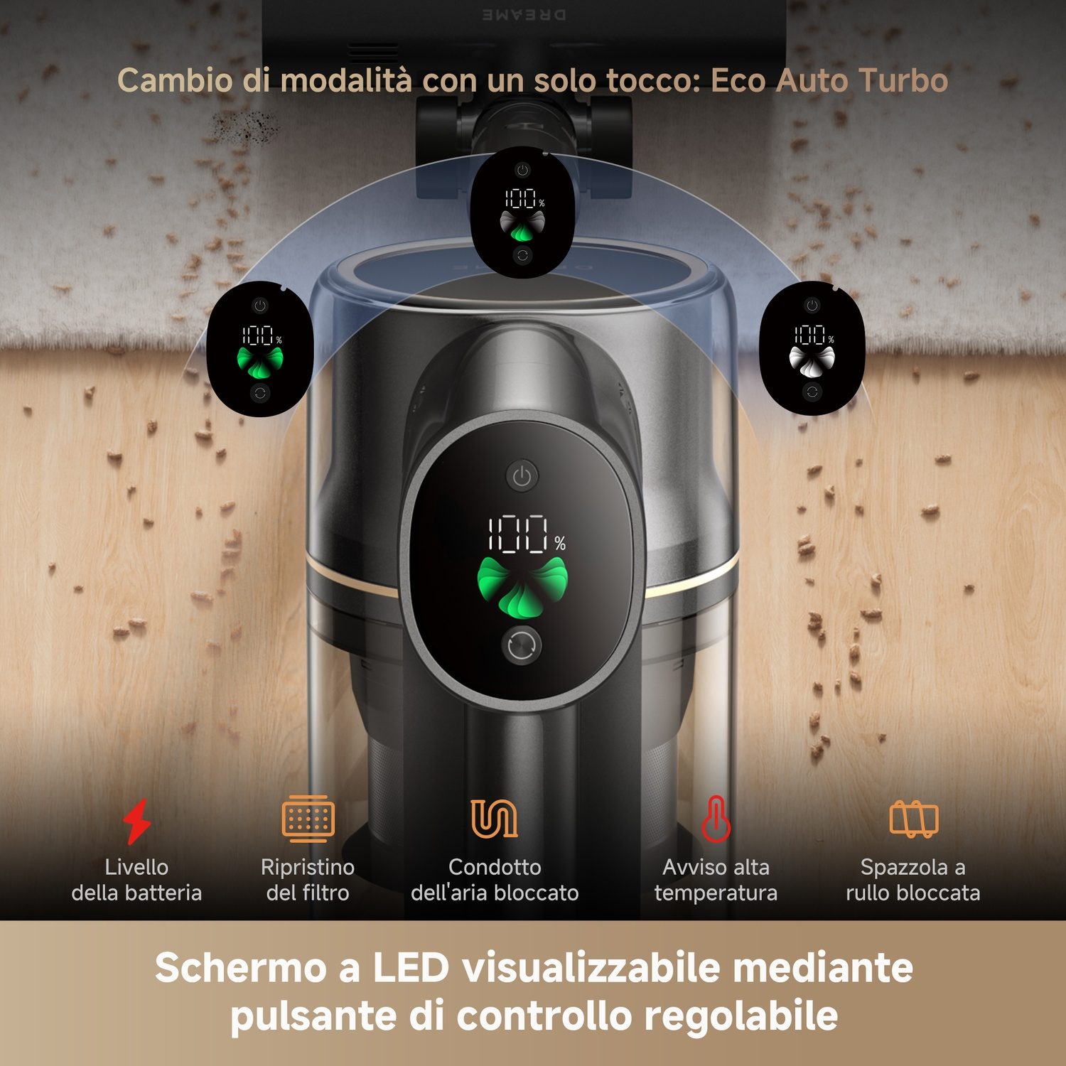 Aspirapolvere con display LED per batteria, filtro, surriscaldamento.