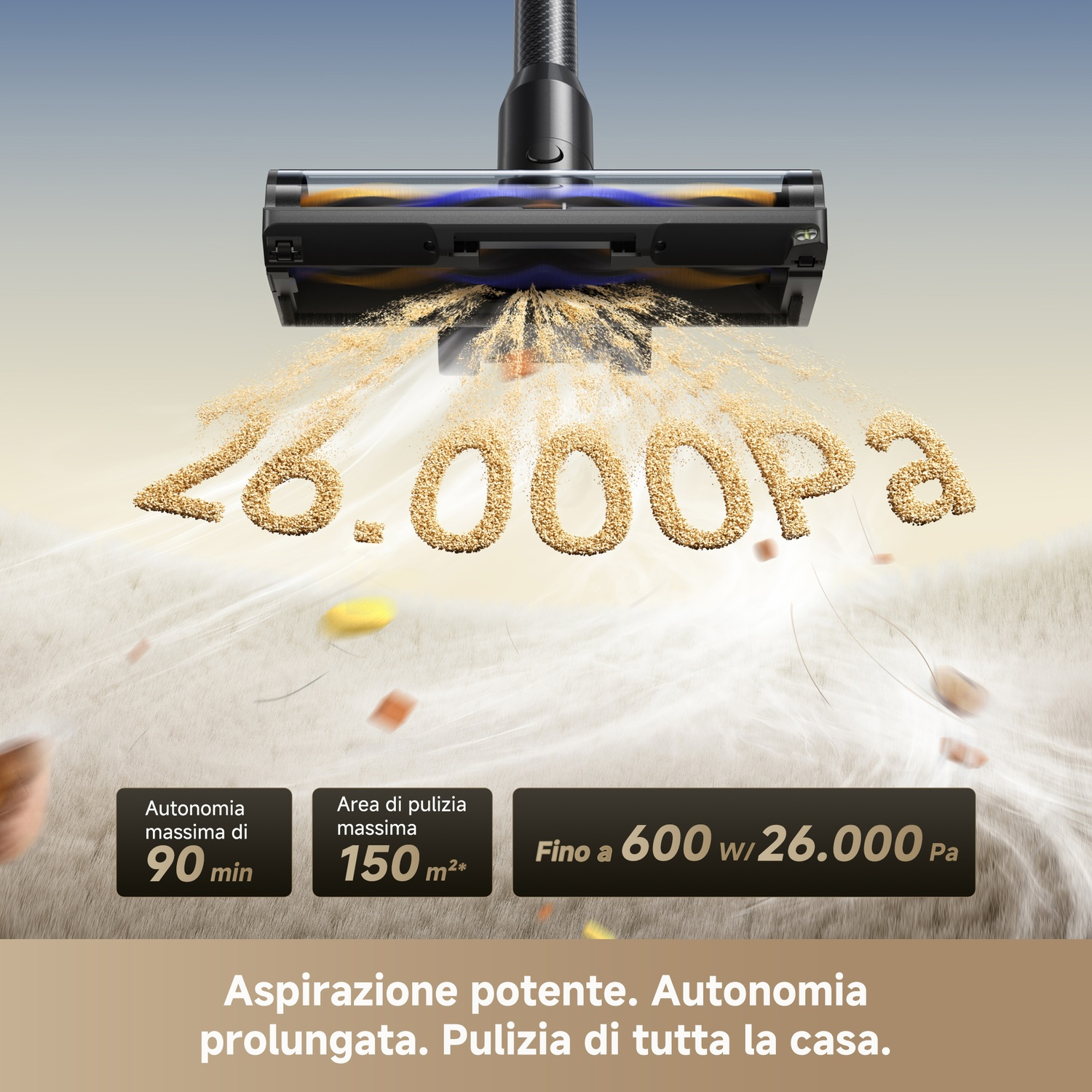 Testina aspirapolvere aspira detriti. Visualizzato "26.000 Pa".