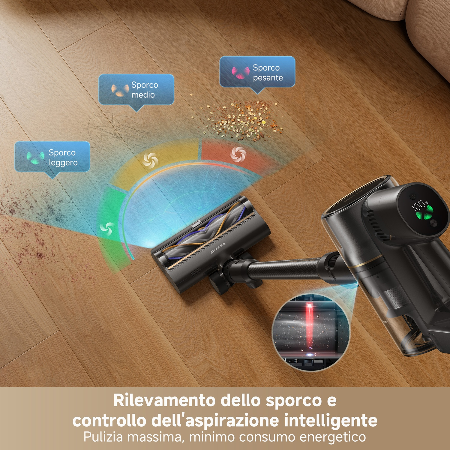 Un aspirapolvere rileva sporco leggero, medio e pesante su parquet.