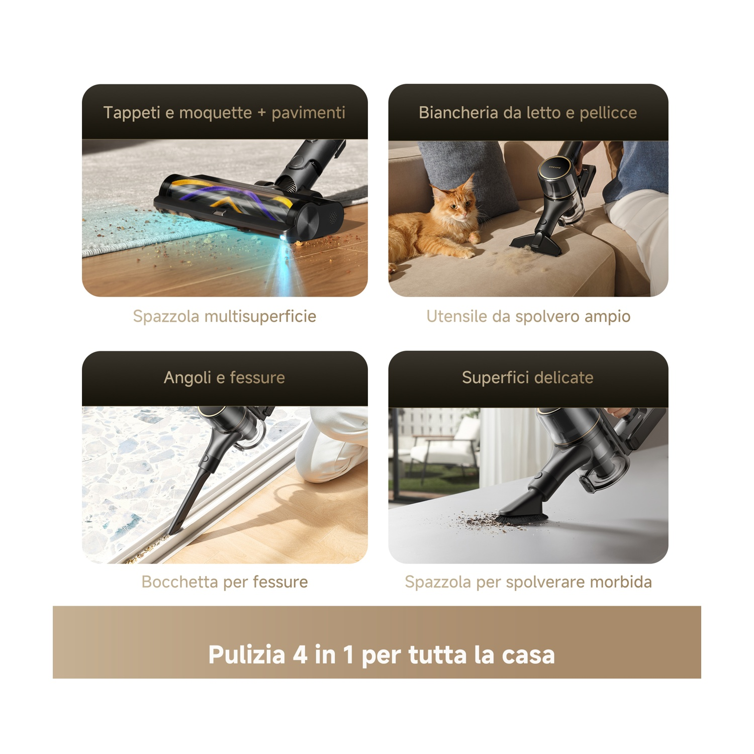 Quattro immagini mostrano accessori aspirapolvere per tappeti, tappezzeria, fessure e superfici delicate.