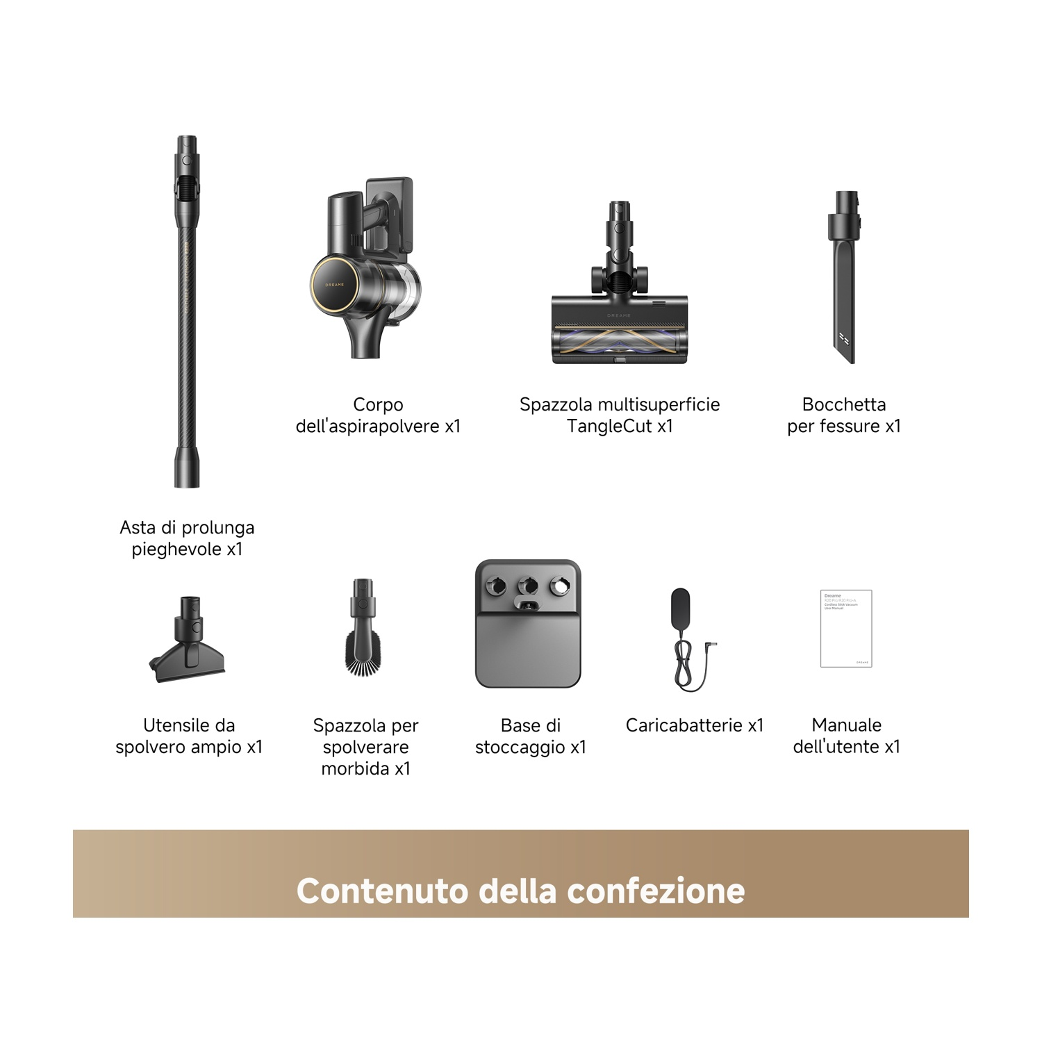 Accessori aspirapolvere: tubo estensione, corpo, spazzole, caricatore, manuale.