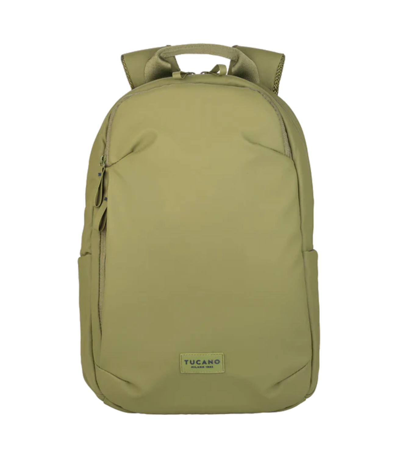 Una mochila verde oliva con bolsillos con cremallera y un logo.