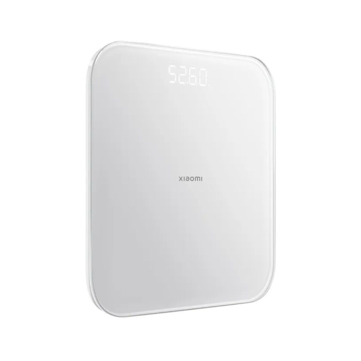 Balanza Xiaomi blanca que muestra 52,60 digitalmente.