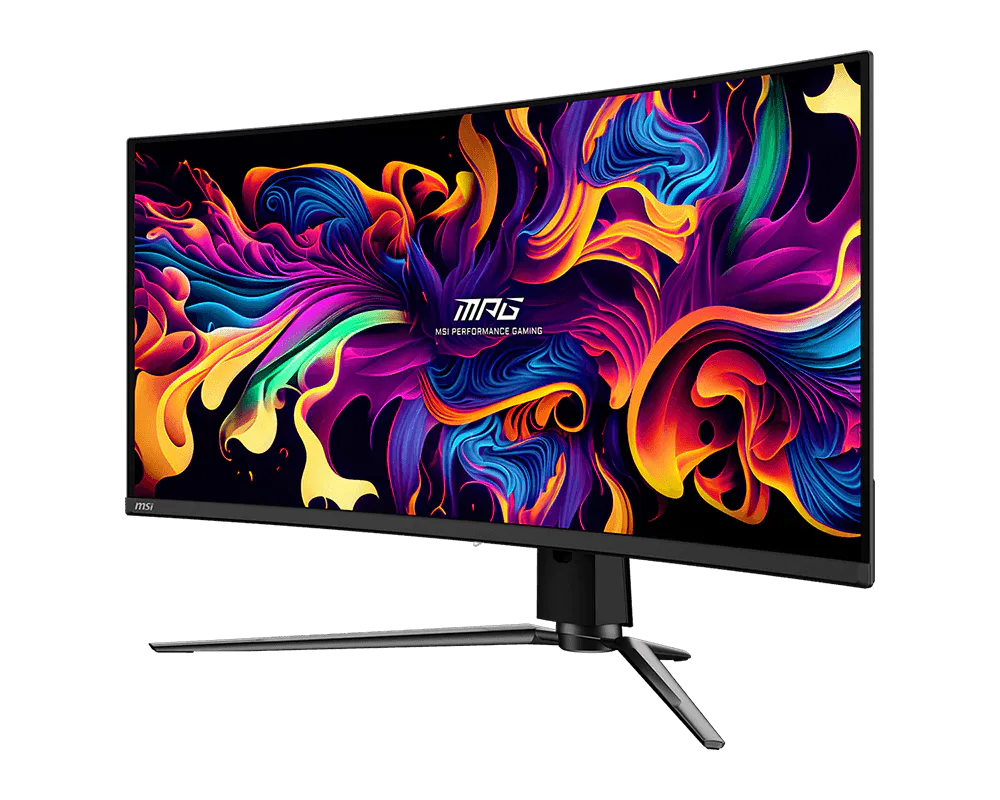 Un monitor curvo MSI gaming con un fondo abstracto y vibrante.
