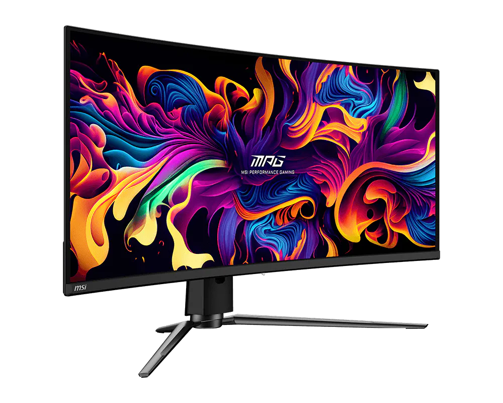 Monitor curvo para juegos MSI con un fondo de pantalla abstracto y colorido.