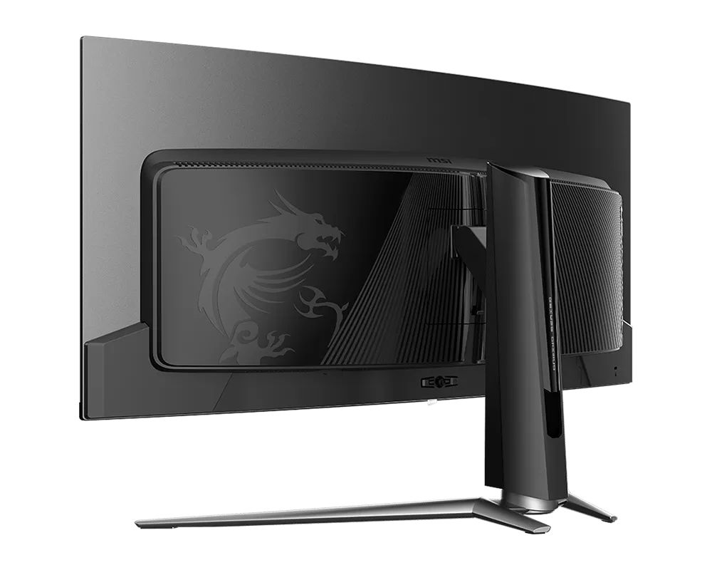 Vista trasera de un monitor gaming negro con logo de dragón y soporte.