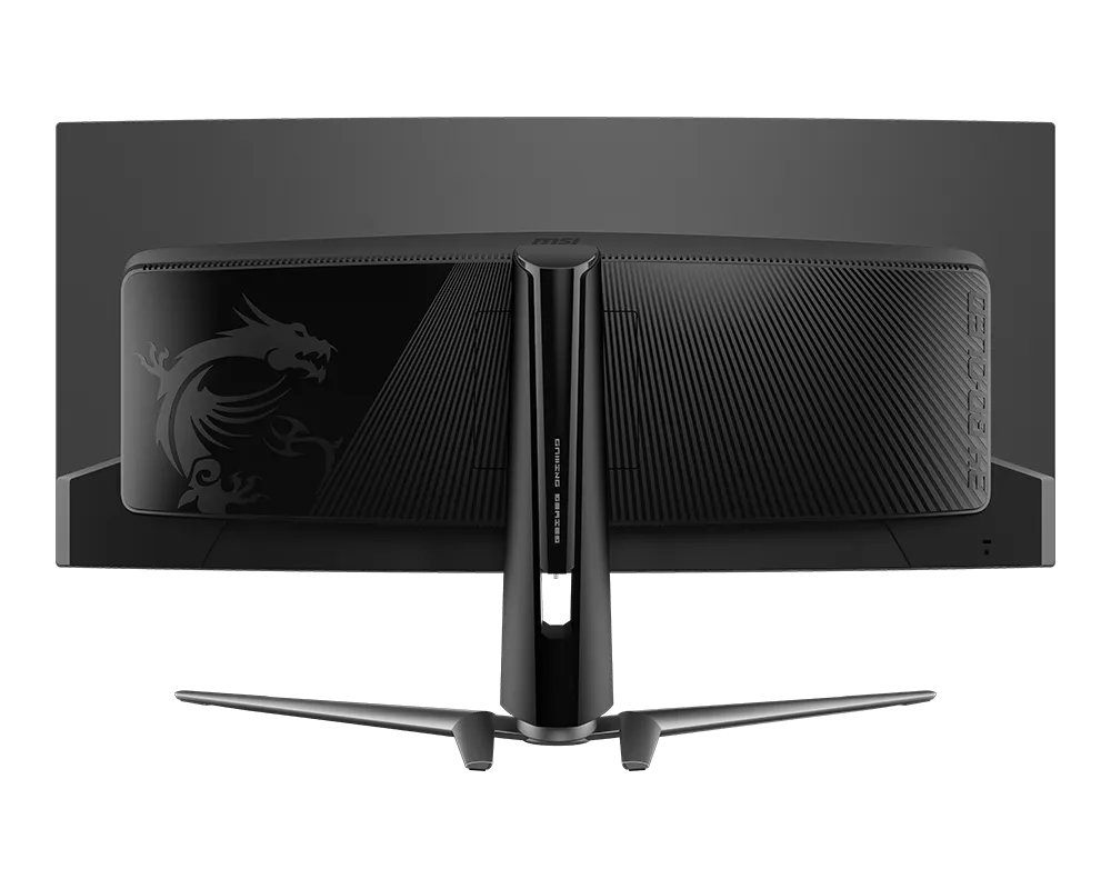 Parte trasera de un monitor gaming MSI negro con logo de dragón y patrón acanalado.
