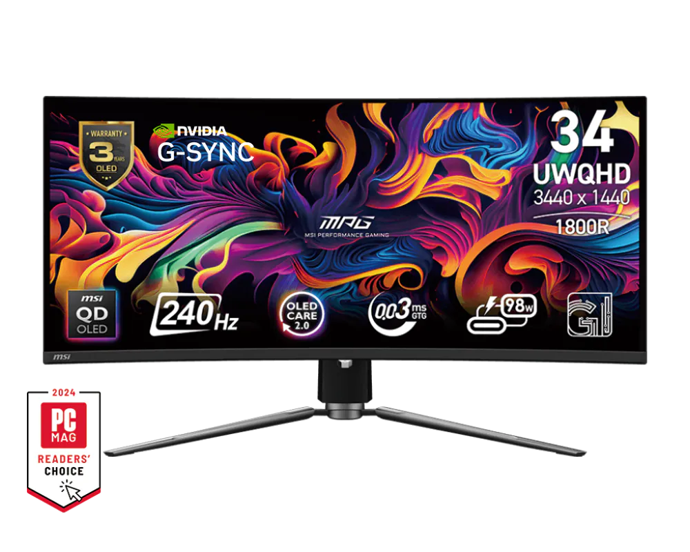 Monitor MSI 34 UWQHD 240Hz QD OLED con arte abstracto vibrante y placa de elección del lector.