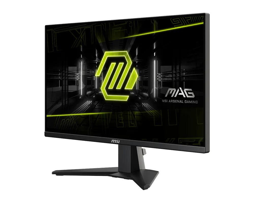Un monitor gaming MSI muestra un logo verde neón sobre un fondo futurista.