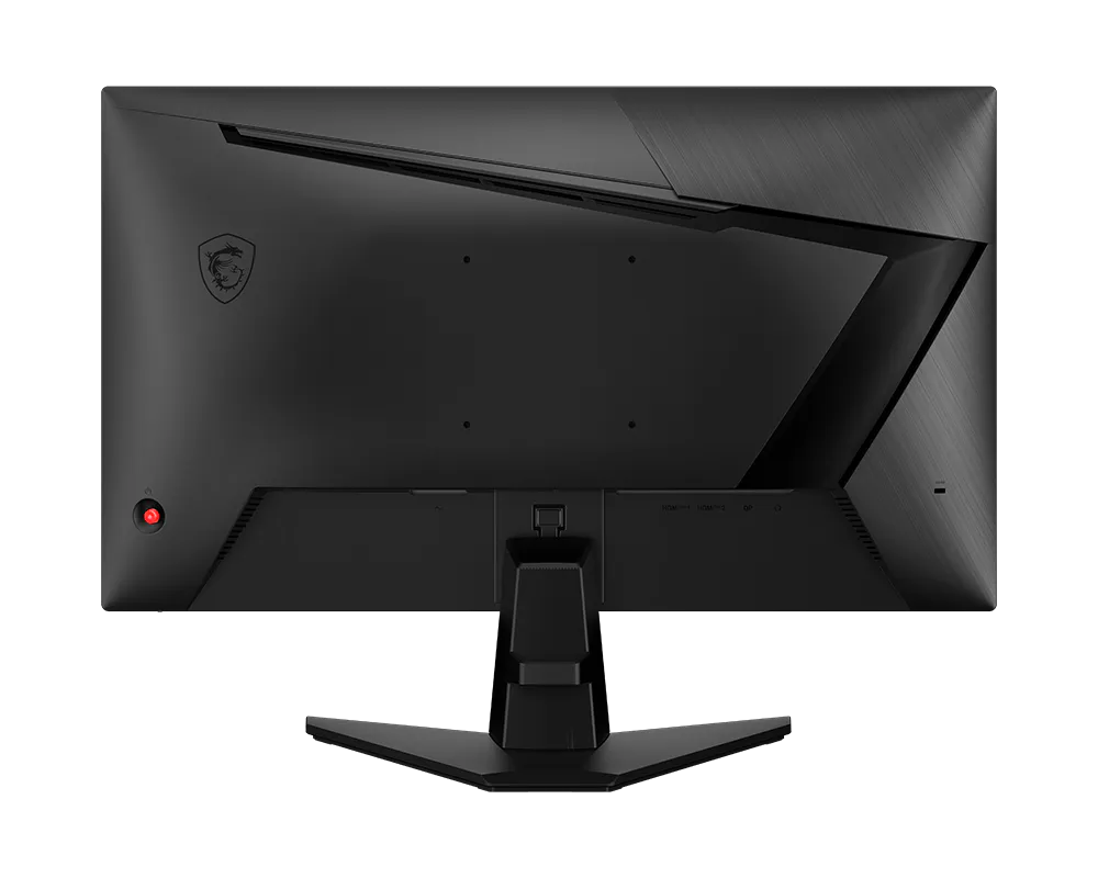 Parte trasera de un monitor gaming MSI negro con botón de encendido rojo y puertos.