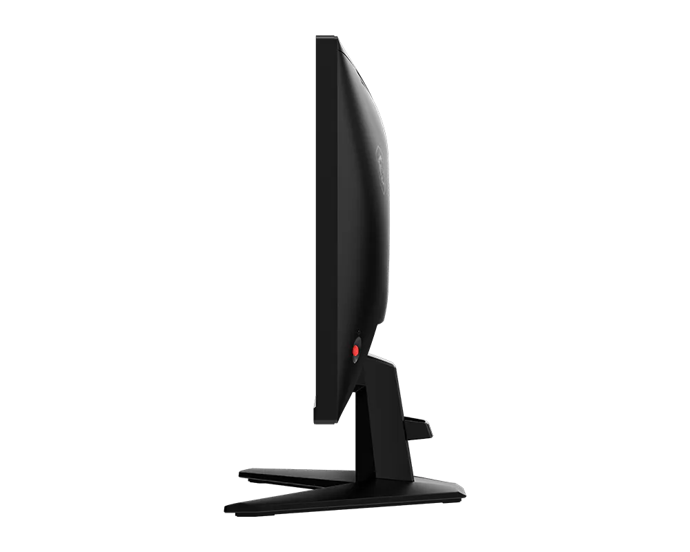 Monitor de ordenador negro visto de lado, con un acento rojo.