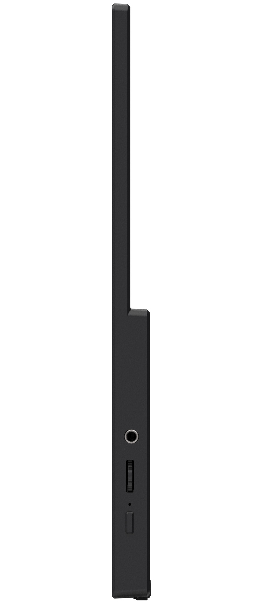 Dispositivo negro y delgado con conector de auriculares y control de volumen.