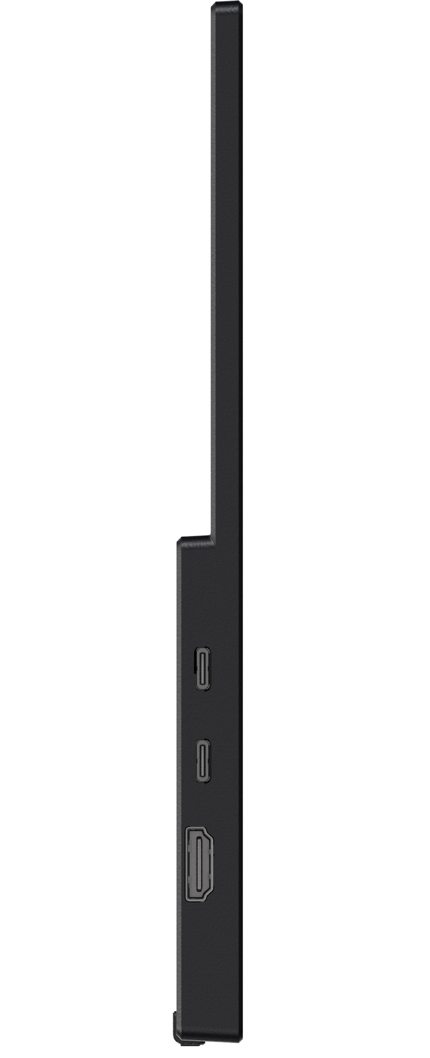 Monitor negro y delgado con puertos laterales: dos USB-C y un HDMI.