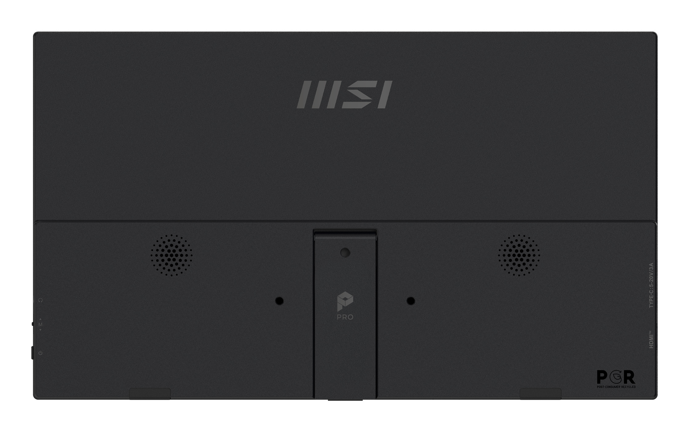 Reverso de un monitor MSI negro con altavoces, puertos y logo.