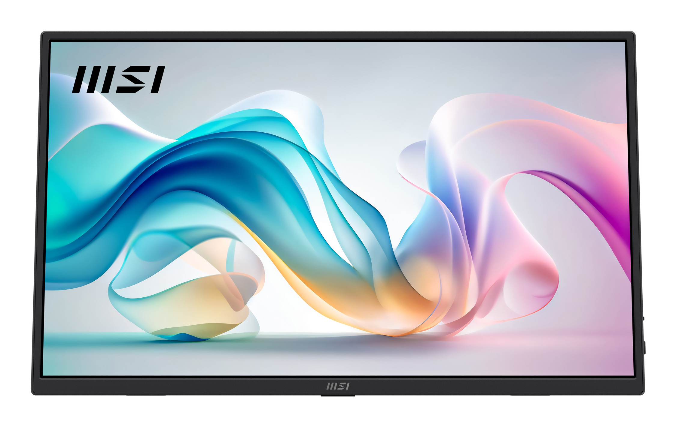 Un monitor MSI con un fondo abstracto y ondulado en tonos azules y rosas.