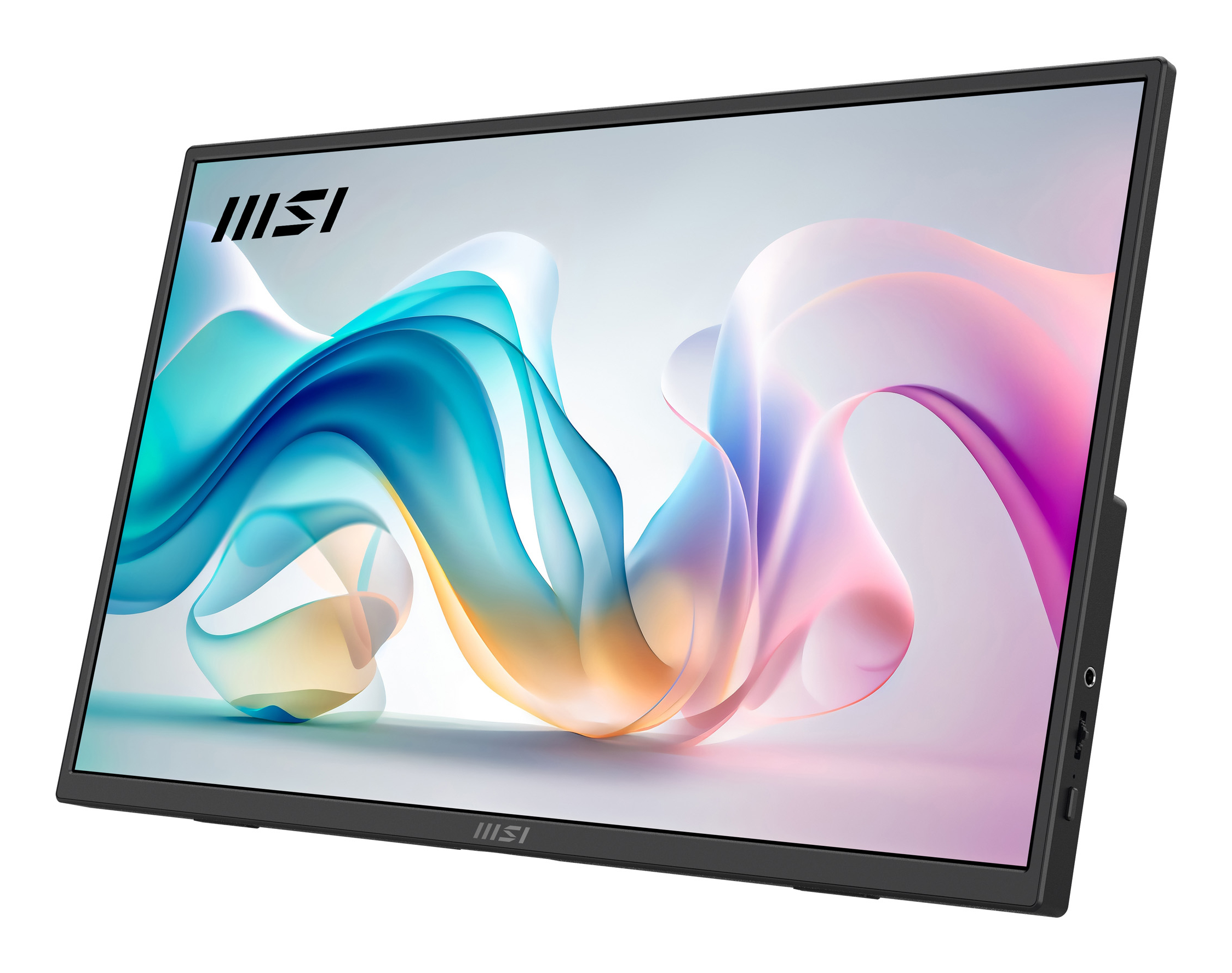 Monitor negro elegante con logo MSI y patrón abstracto fluido azul y rosa.