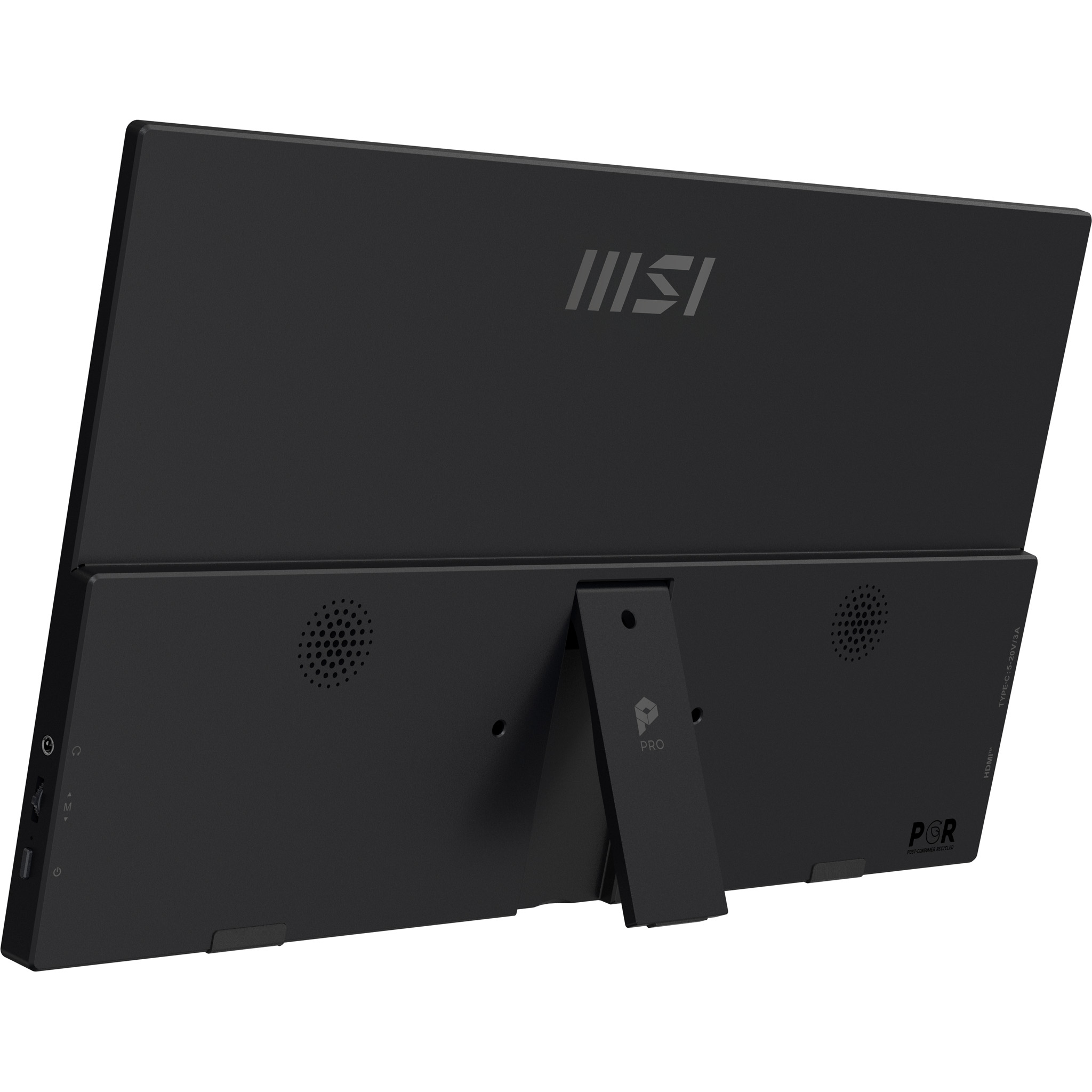 Parte trasera de un monitor MSI negro con soporte y puertos.