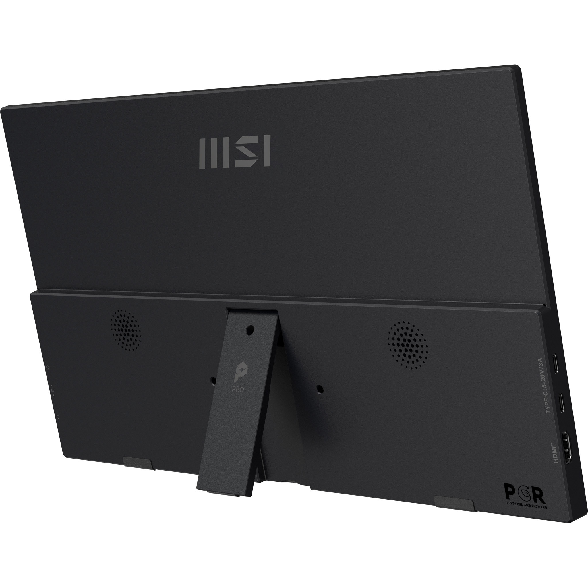 Parte trasera de un monitor MSI negro con soporte, rejillas de altavoz y puertos.
