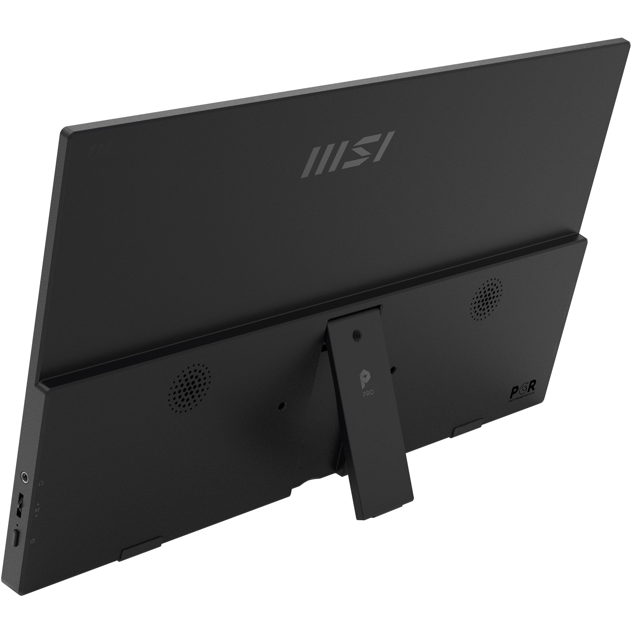 Monitor portátil MSI negro visto desde atrás, con soporte y puertos.