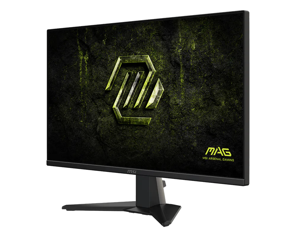 Un monitor gaming MSI muestra un logo verde sobre fondo texturizado oscuro.