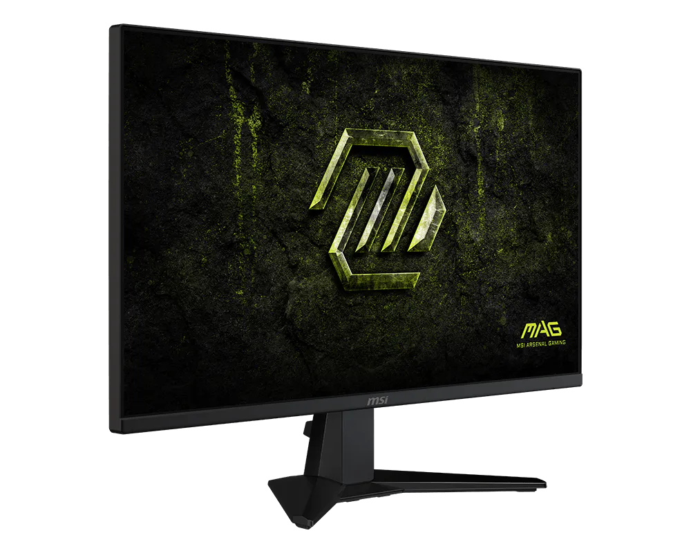 Un monitor gaming MSI negro con logo amarillo sobre fondo oscuro.