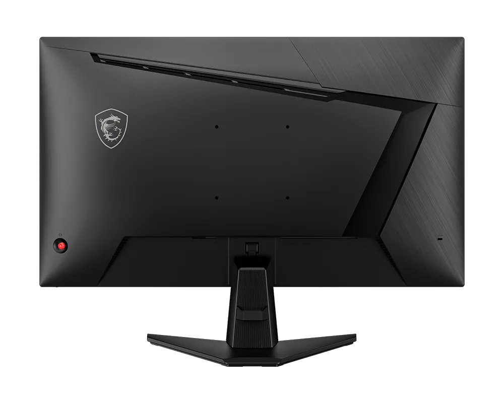 Vista trasera de un monitor MSI negro con logo de dragón plateado y botón de encendido rojo.