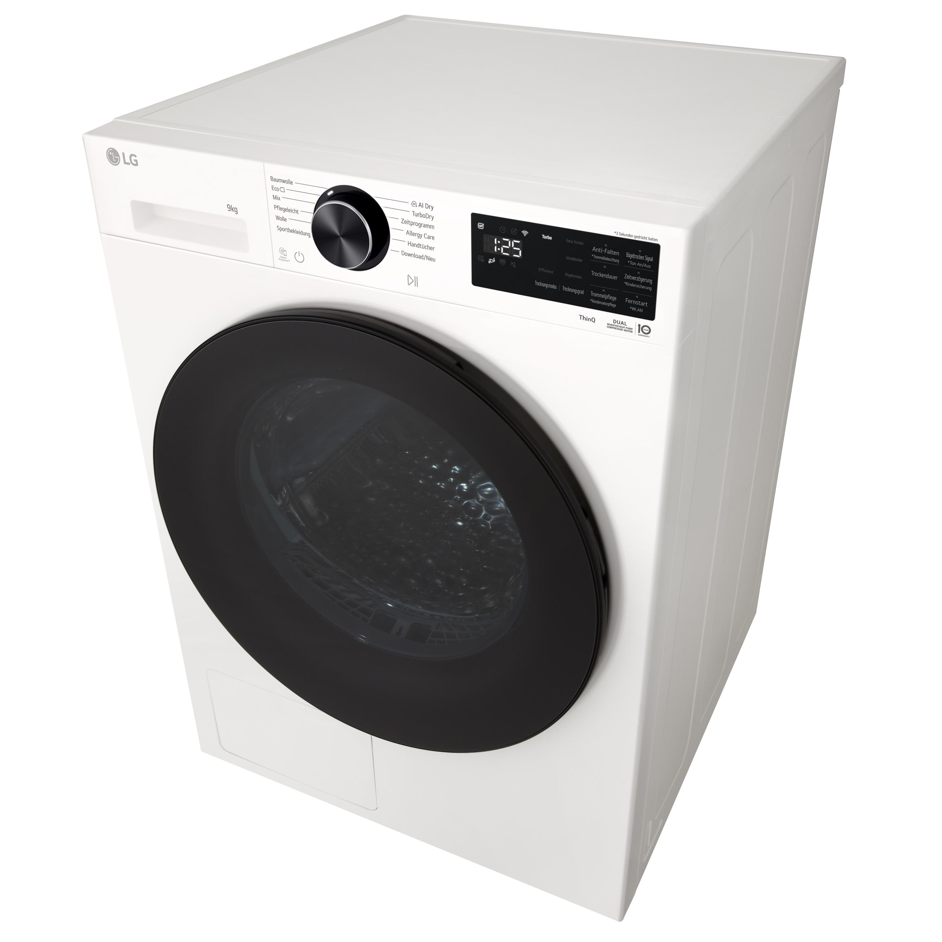 Weiße LG Waschmaschine mit schwarzer runder Tür und digitalem Display.