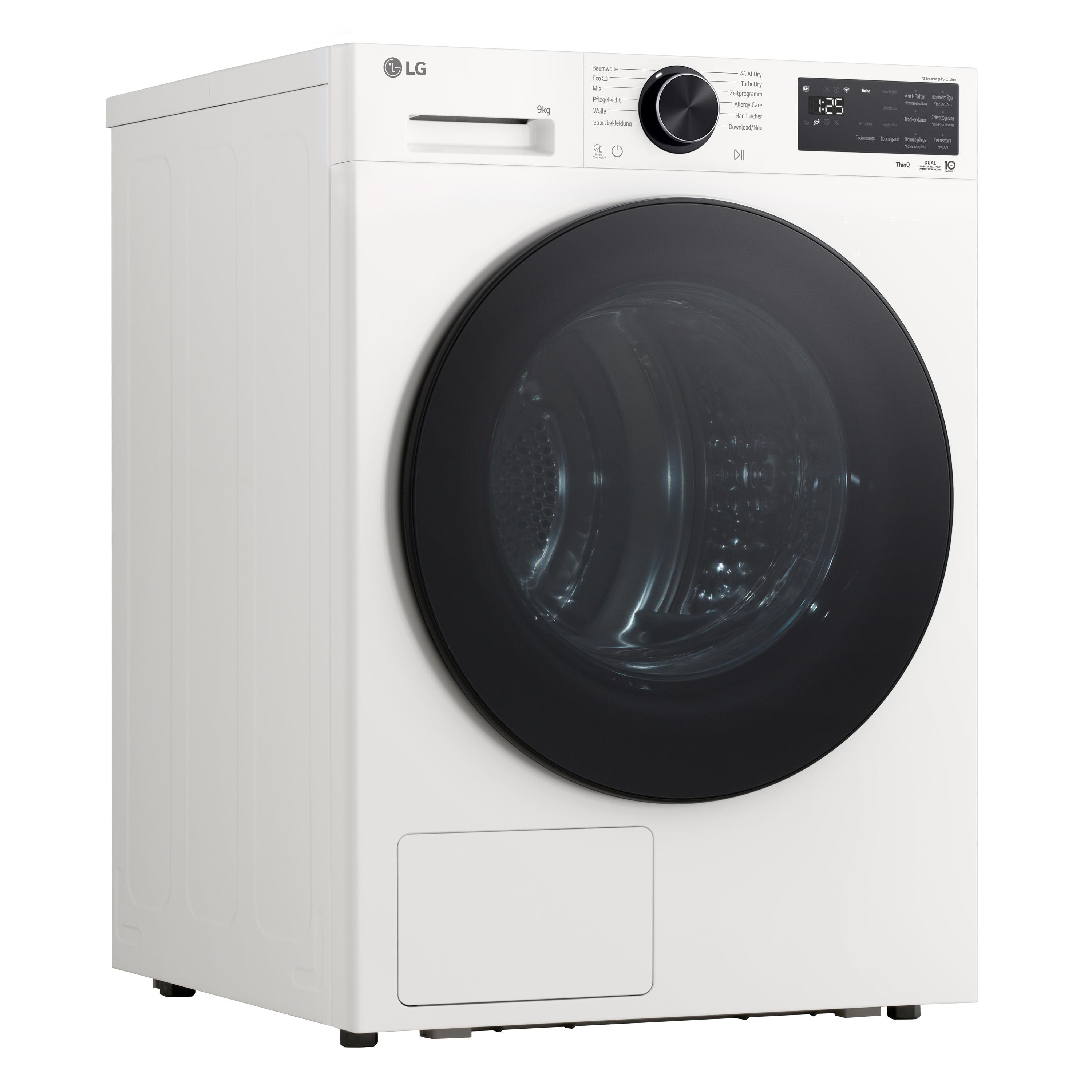 Eine weiße LG Waschmaschine mit schwarzer Tür und Bedienfeld.
